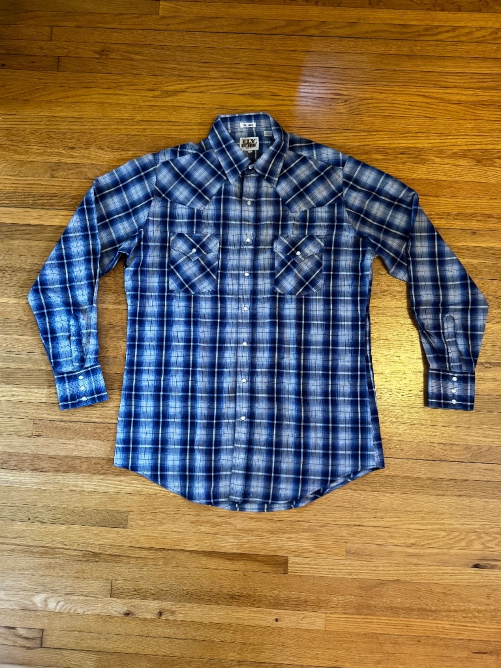 Ely Cattleman Long Sleeve Plaid Western Snap Shirt Blue White Large Tall